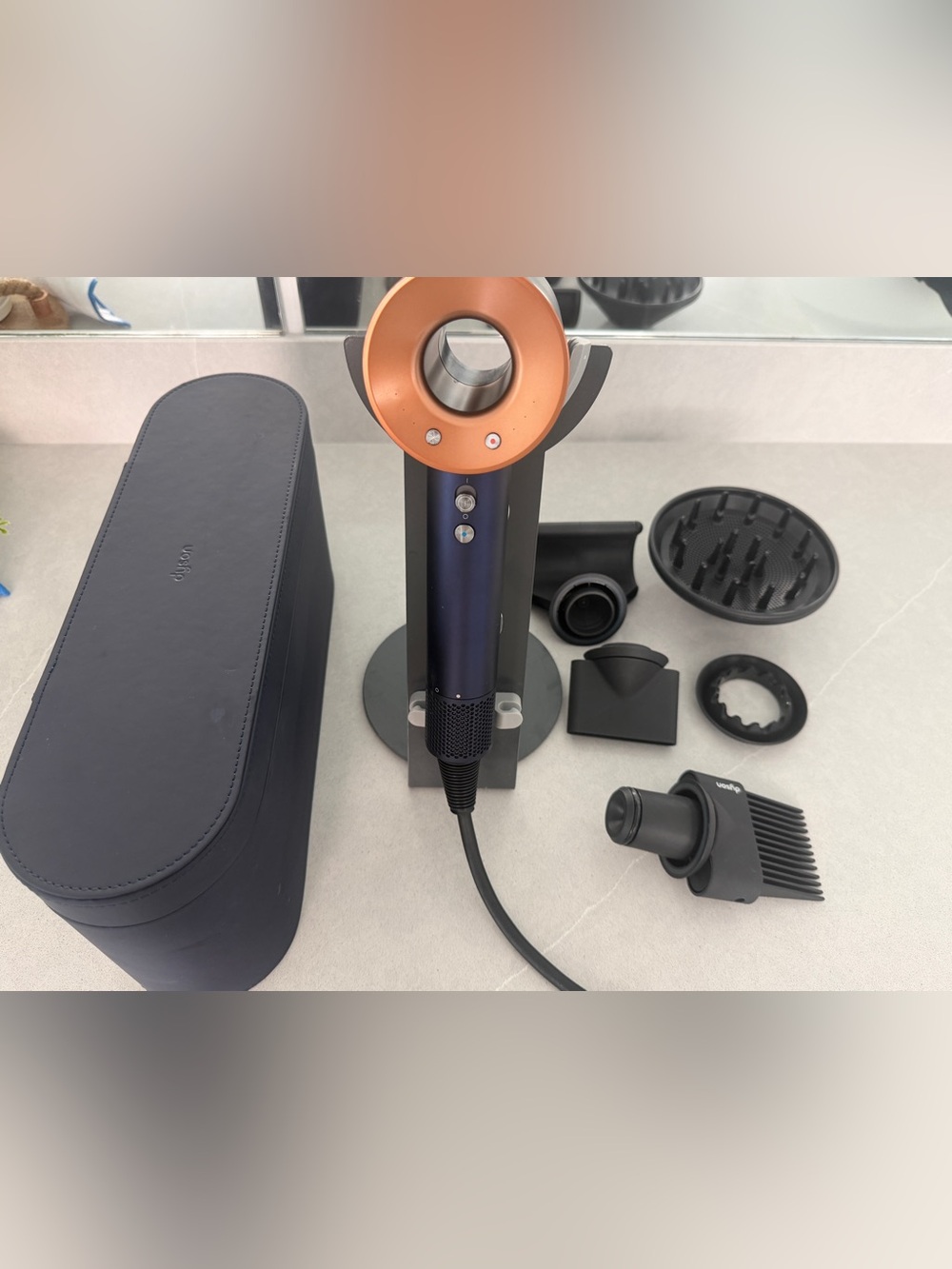 Authentic Dyson Supersonic Hair Dryer Bundle - Blue/Copper + Stand & Case